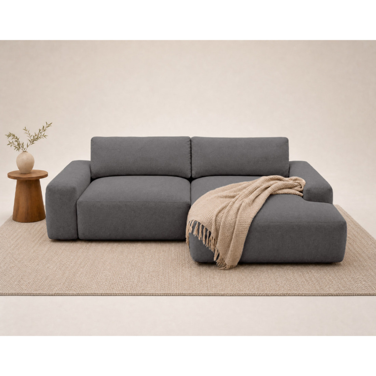 Tama - Canapé d'angle droit 4 places convertible avec coffre en tissu - Gris