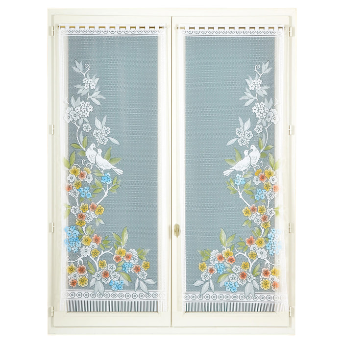Paire de vitrages frangés en dentelle oiseaux et fleurs - Vert