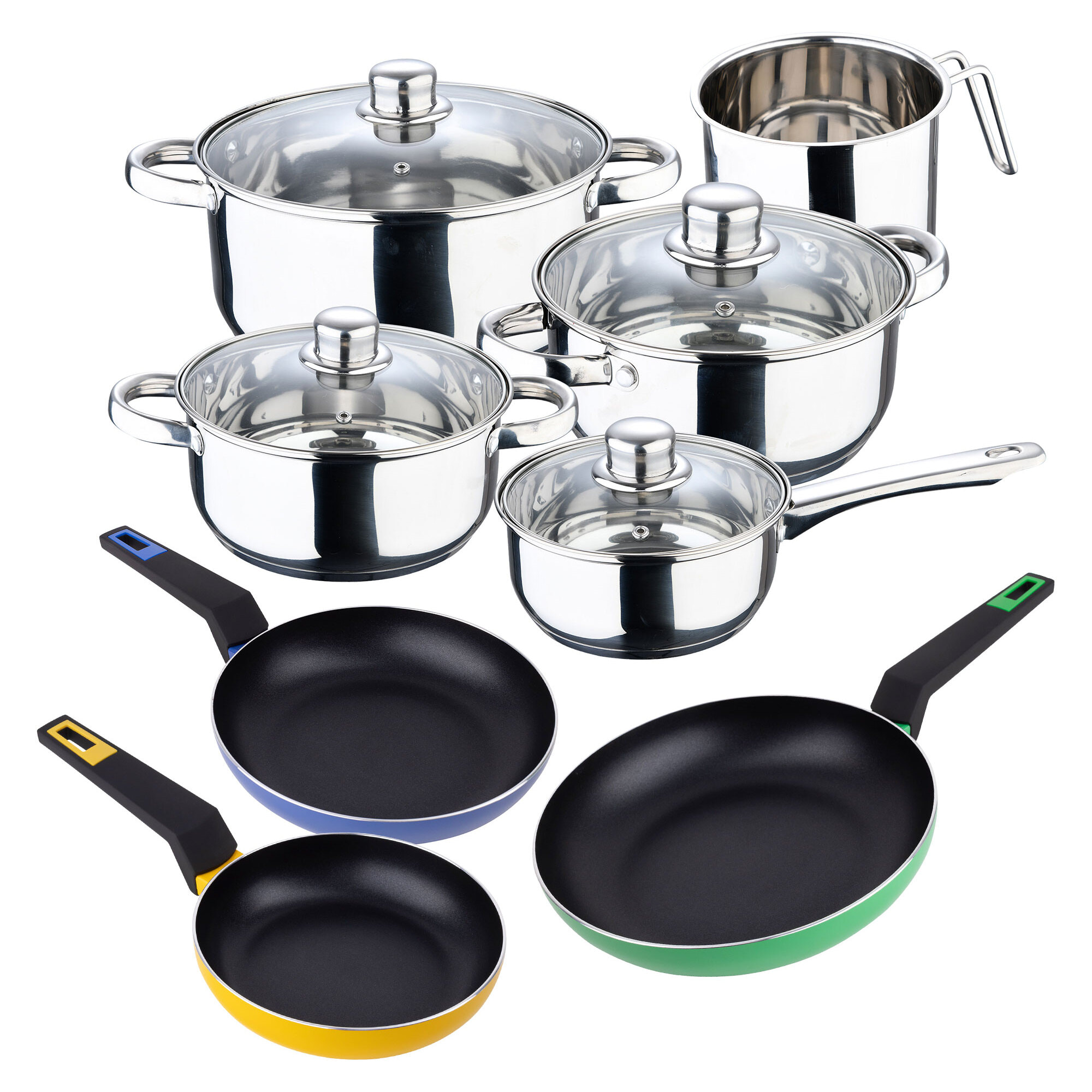 Set 12 piezas, batería de cocina en acero inox(cazoø16 + cacerolas ø18ø20ø24 + lechera ø14x12,5) + set de 3 sartenes (ø18ø22ø26) en aluminio prensado
