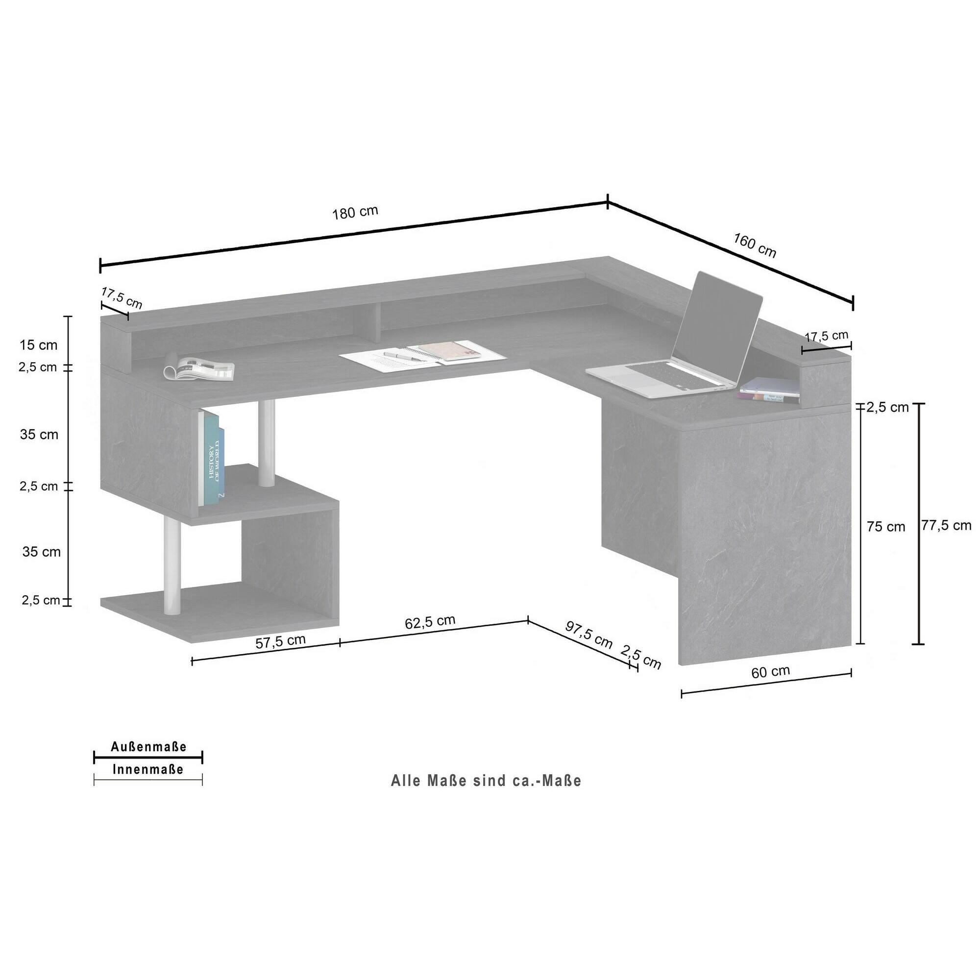 Scrivania Dcalhanogl, Scrittoio angolare con ripiani portaoggetti e luci LED, Scrivania ufficio multiuso con sopralzo, 180x60h93 cm, Rovere