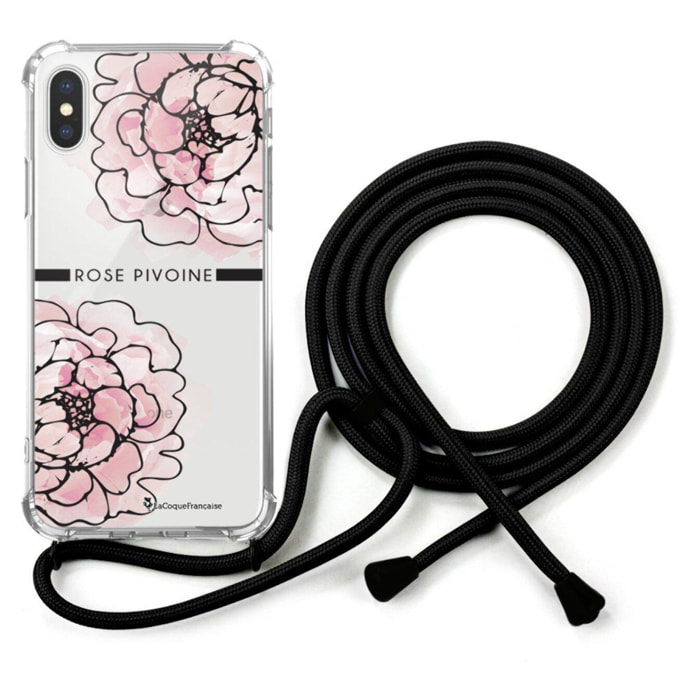 Coque cordon iPhone X/Xs noir Dessin Rose Pivoine La Coque Francaise