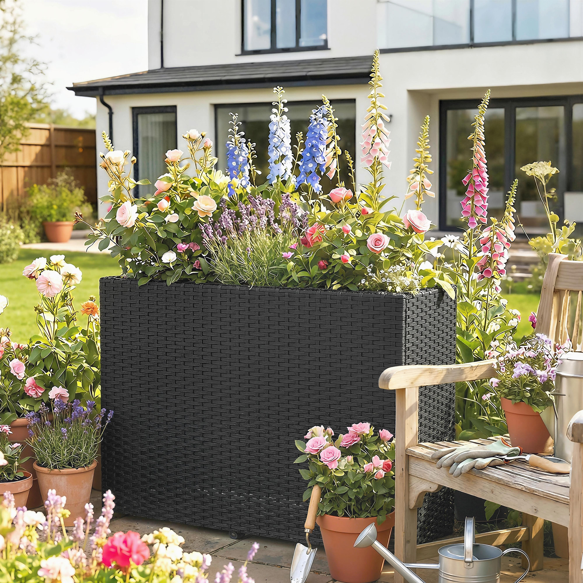 Jardinière haute résine tressée 4 fils noir