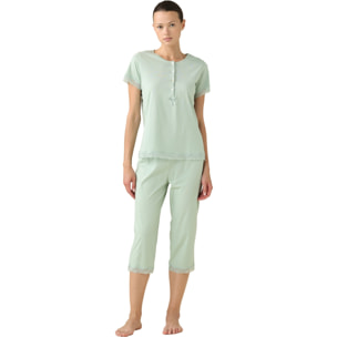 Pigiama donna in cotone con maniche corte, abbottonatura profonda e pantaloni capri con dettagli in pizzo articolo essential Noidinotte