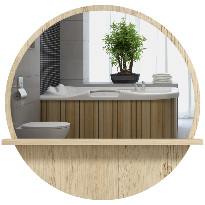 Miroir rond mural de salle de bain style cosy avec étagère - Ø 45 cm - effet bois naturel