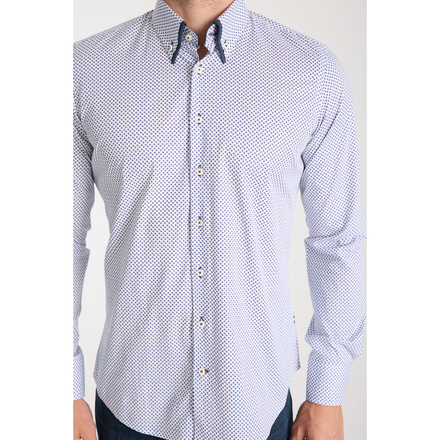 Camicia Uomo 2 Bottoni Button Down Doppio Coll Popeline Stretch Stampato Bianco e Blu