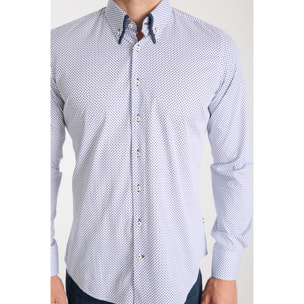 Camicia Uomo 2 Bottoni Button Down Doppio Coll Popeline Stretch Stampato Bianco e Blu