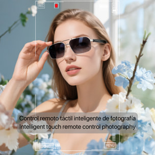 Occhiali AI GT-31 con chiamate bluetooth, controllo remoto della fotocamera, riproduzione musicale e assistente vocale.