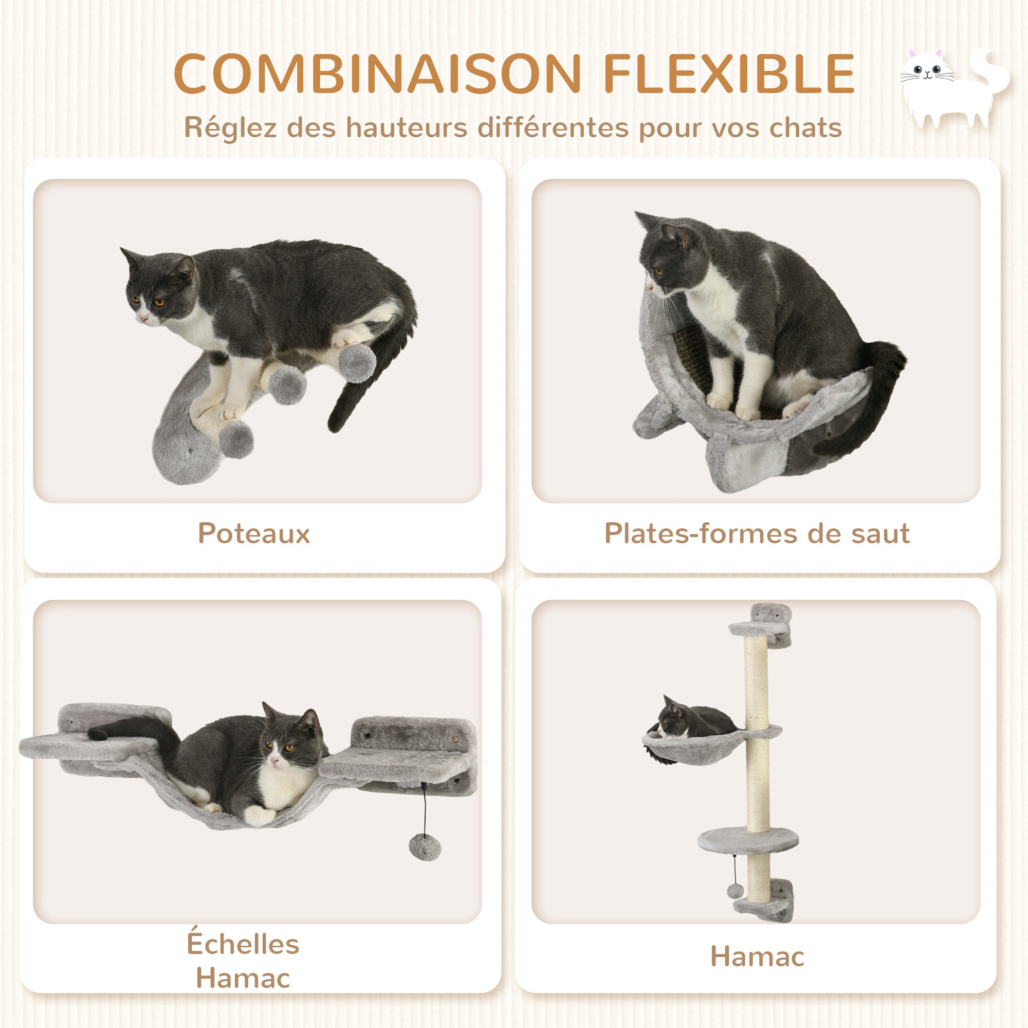Mur d'escalade pour chat avec hamac passerelle planche à gratter et balles peluche sisal gris