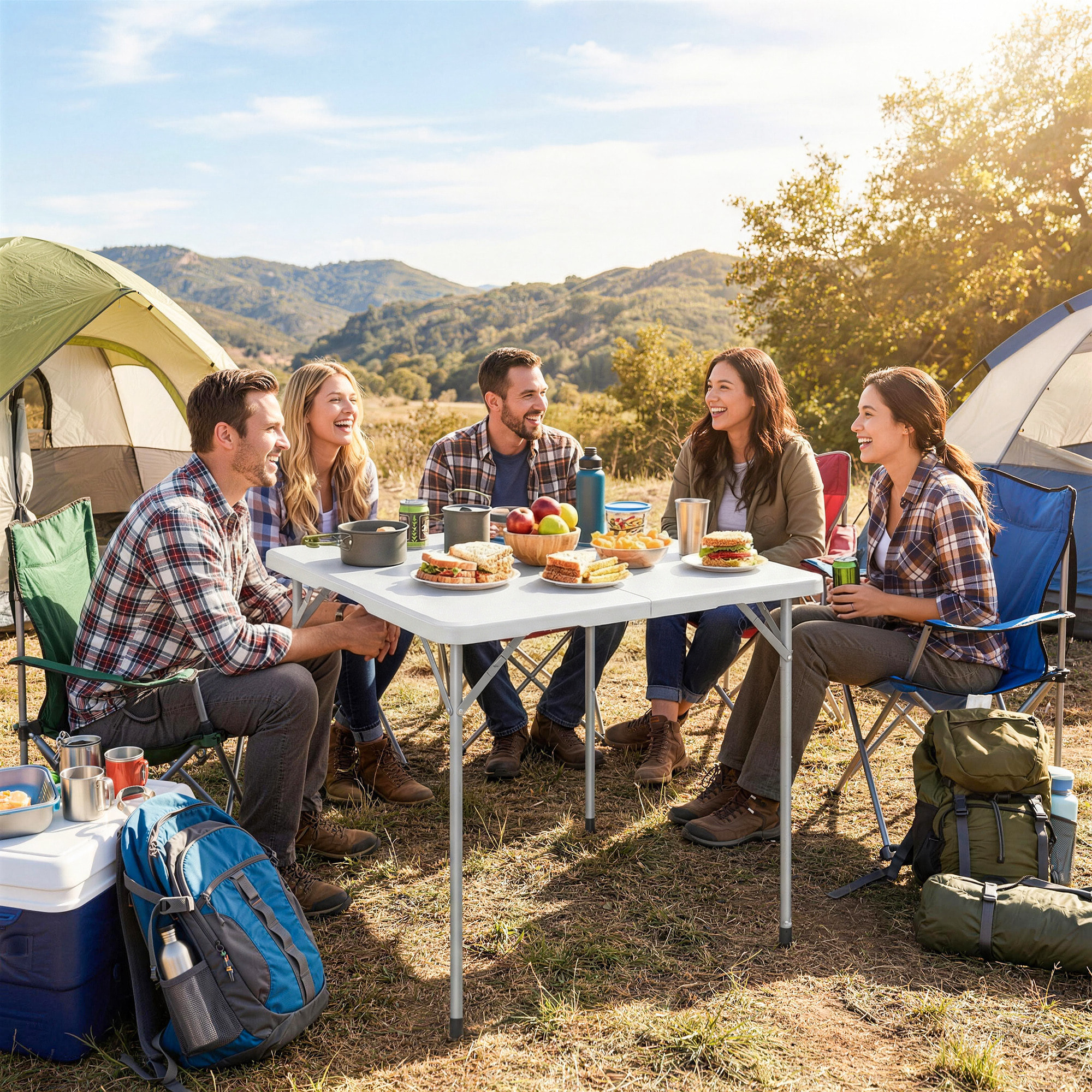 Table de camping carrée pliante hauteur réglable métal HDPE blanc