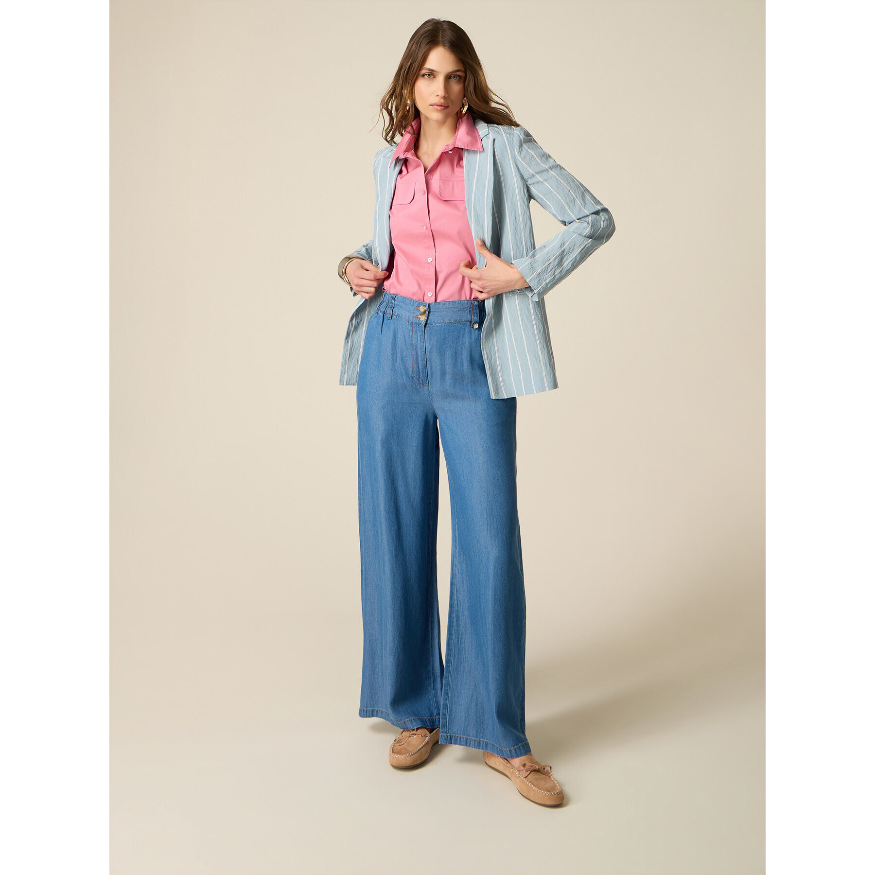 Oltre - Pantalones palazzo de tencel efecto denim - Azul