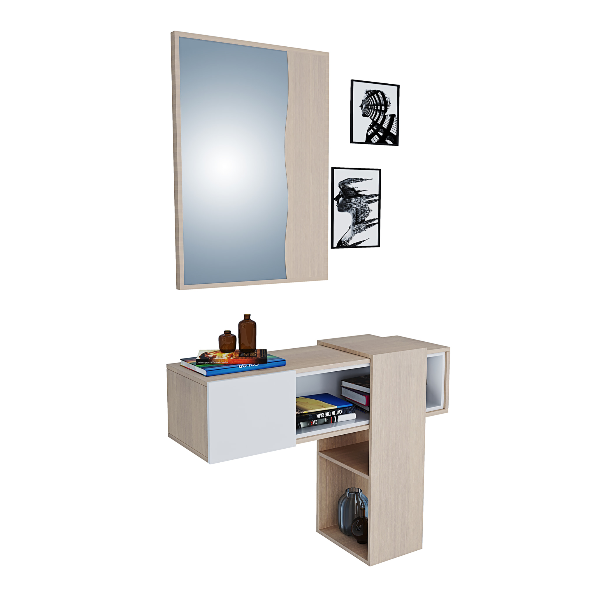 Mobile Danzica Mobiletto da Ingresso Mensola Sospesa con Specchio E Ripiani Scorrevole Arredo Arredamento Sala 100 x 31.5 x 75 cm Bianco e Rovere