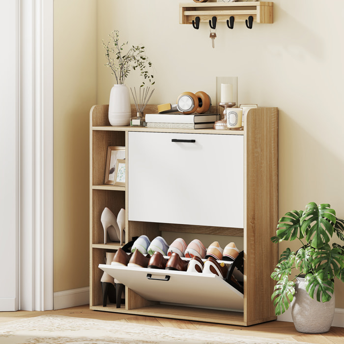 Zapatero Estrecho 2 Puertas, Zapatero Entrada Recibidor con 3 Estantes Laterales y Estantes Ajustables, para 15 Pares de Zapatos, para Pasillo, Espacio Reducido, 83x24x90,5 cm, Natural y Blanco