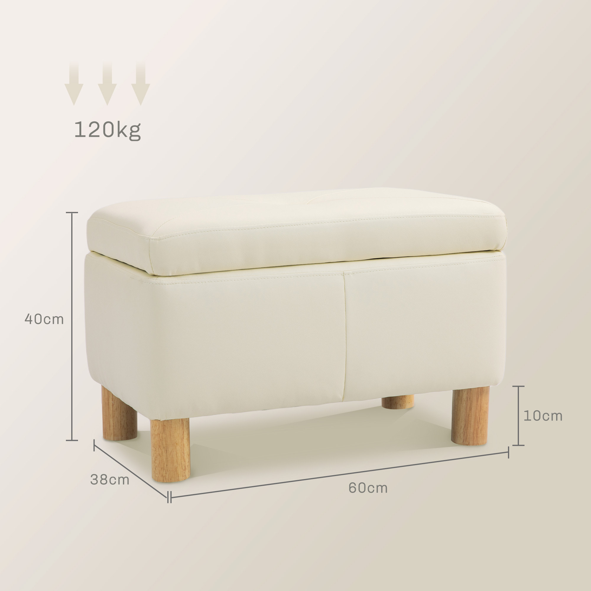 Baúl de Almacenaje para Dormitorio 33L Puff Almacenaje Tapizado en PU Banco de Almacenaje con Patas de Madera para Pasillo Salón 60x38x40 cm Crema