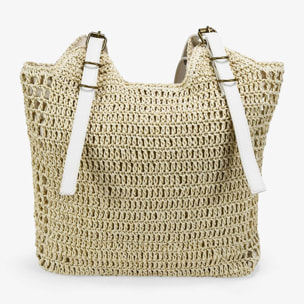 Bolso de hombro beige en rafia con hebillas