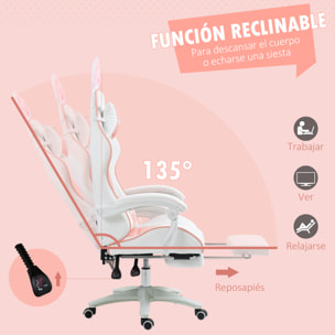 Silla Gaming Profesional Silla Gamer Racing Giratoria de Cuero PU con Altura Ajustable Inclinable 135° Reposacabezas y Reposapiés para Oficina Estudio 65x63x136-142 cm Rosa y Blanco