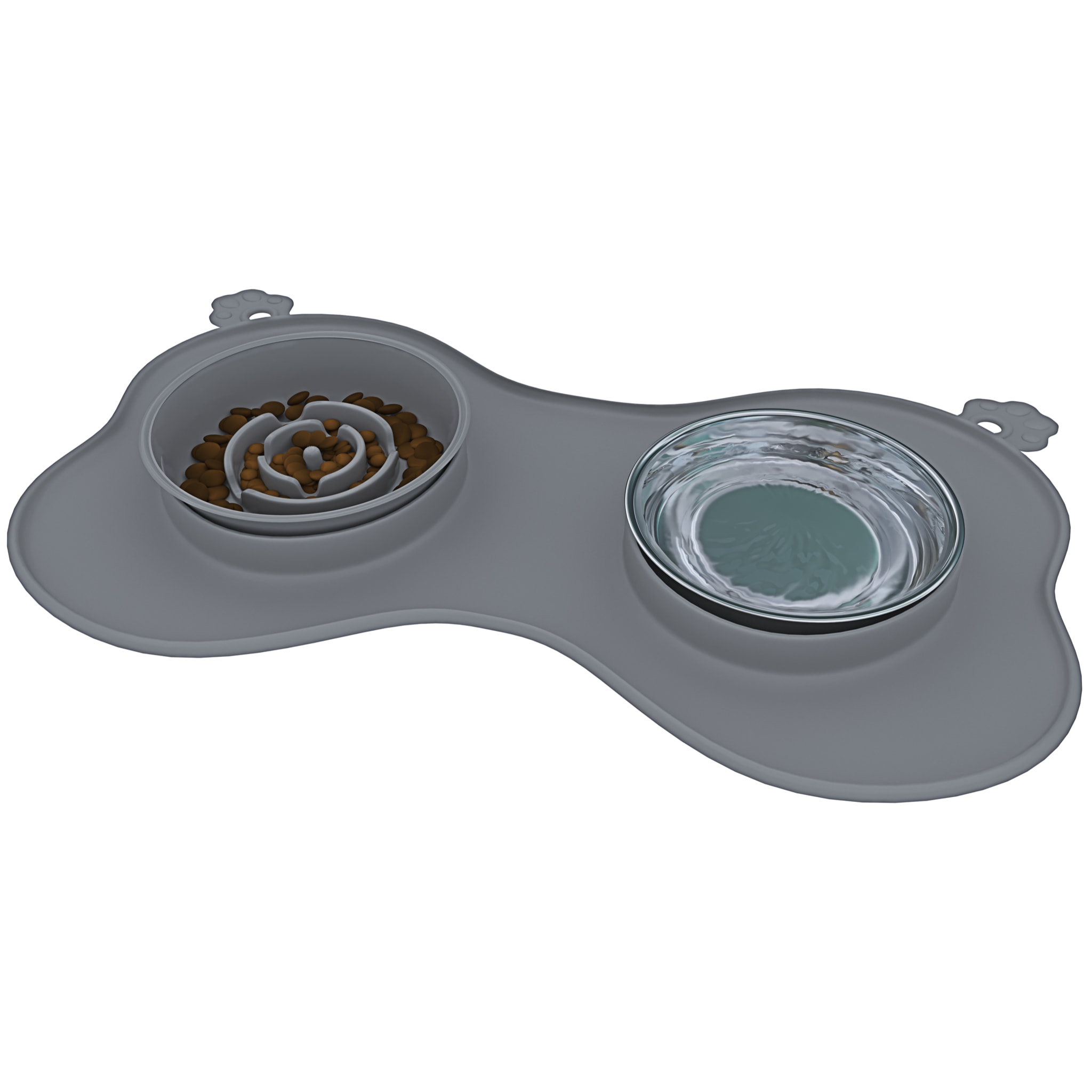 Ciotola Per Cani Gatti 3 In 1 Alimentazione Lenta Acciaio Inox Croccantini Acqua Tappetino in Silicone Antiribaltamento con Ventose 52 x 35 Cm Grigio