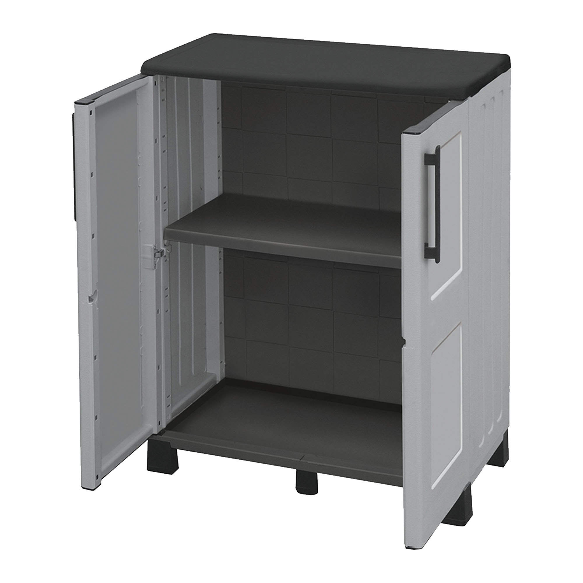 Armario de mediana altura en polipropileno, material reciclable y ecológico sostenible, está equipado con bisagras de acero, estante ajustable y los p