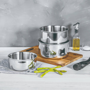 Set de 2 Sartenes Ø24Ø26cm revestimiento ILAG + 3 Cazos Ø16Ø18Ø20cm SIN revestimiento + 2 Mangos extraíbles - En acero inoxidable Click&Cook Bergner