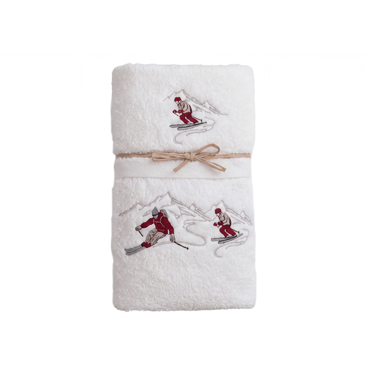 Set Asciugamano Ospite in Spugna 100% Cotone Fantasia Tirolese Natalizia Disegno Ski Bianco