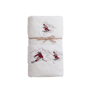 Set Asciugamano Ospite in Spugna 100% Cotone Fantasia Tirolese Natalizia Disegno Ski Bianco