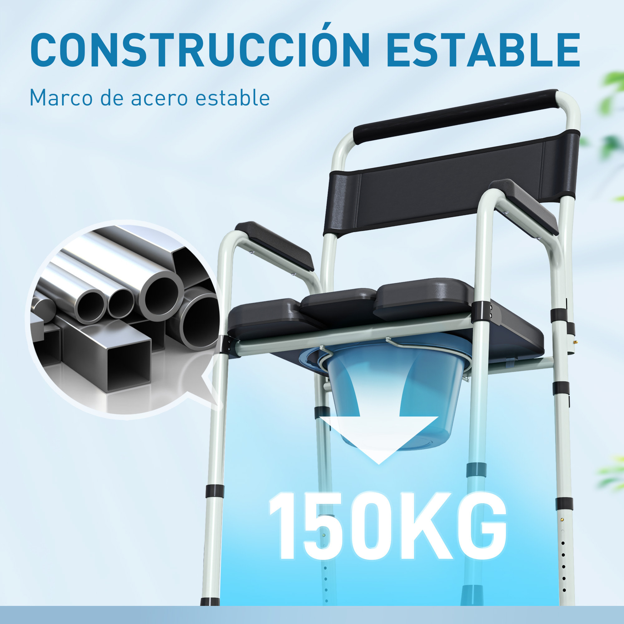 Silla WC Personas Mayores Plegable Silla con Inodoro con Altura Ajustable Cubo y Almohadillas Antideslizantes Carga 150 kg para Discapacitados Embarazadas Negro