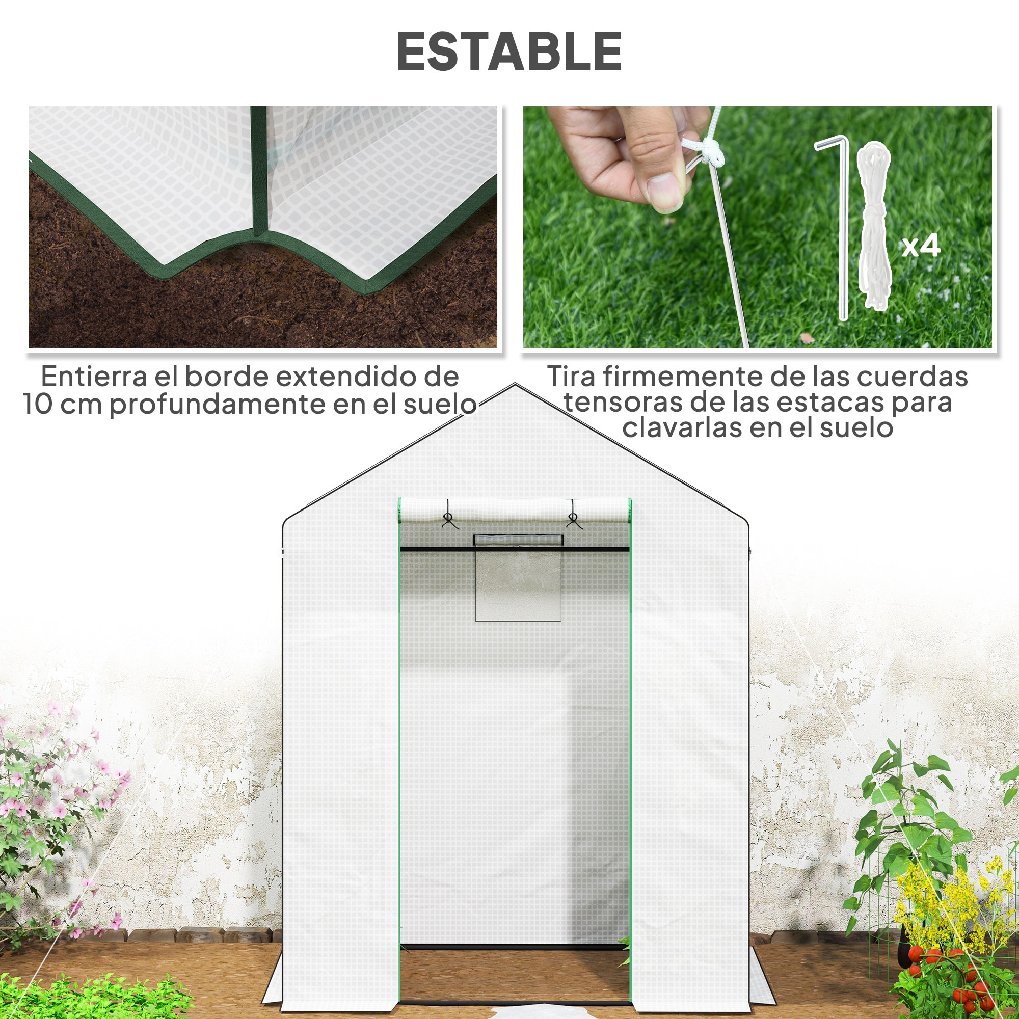 Invernadero de Exterior Invernadero Pequeño de 3 Niveles con 6 Estantes Puerta Enrollable Cubierta de PE y Marco de Acero para Cultivos Plantas Flores 143x74x190 cm Blanco