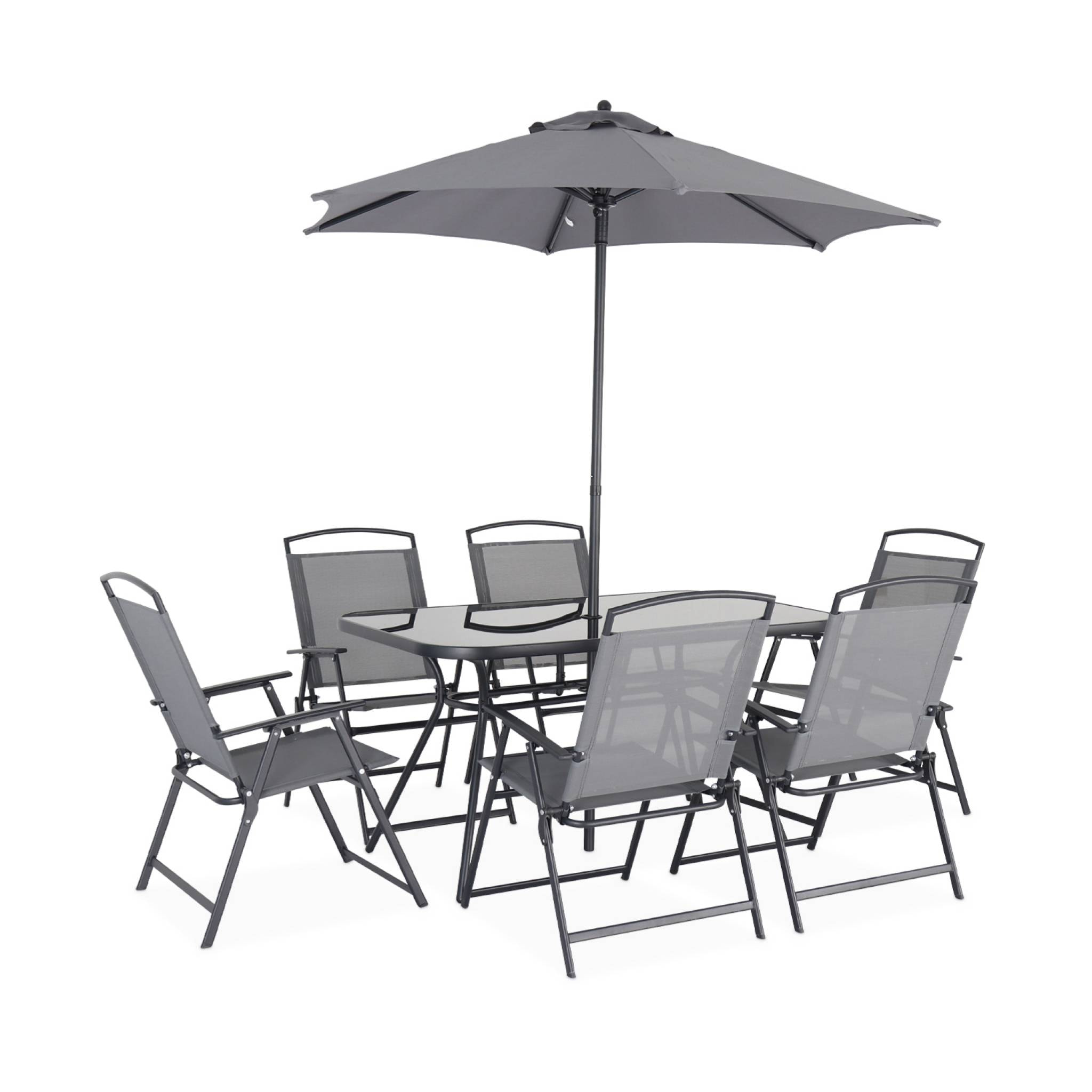 Table de jardin acier avec parasol + 6 assises. anthracite. structure acier avec revêtement anti rouille