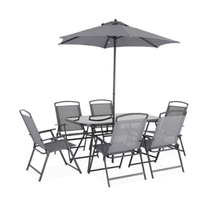 Table de jardin acier avec parasol + 6 assises. anthracite. structure acier avec revêtement anti rouille