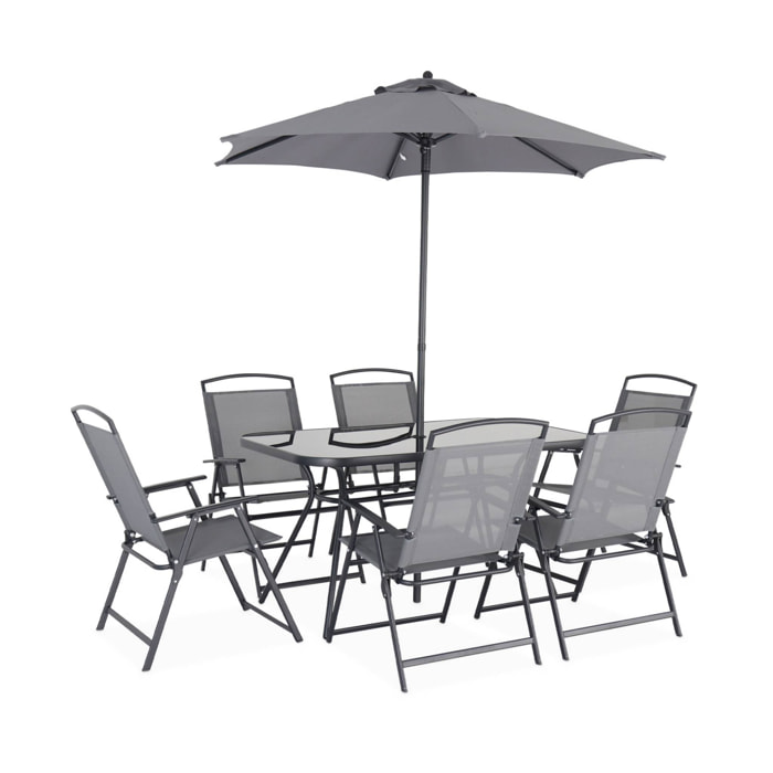 Table de jardin acier avec parasol + 6 assises. anthracite. structure acier avec revêtement anti rouille