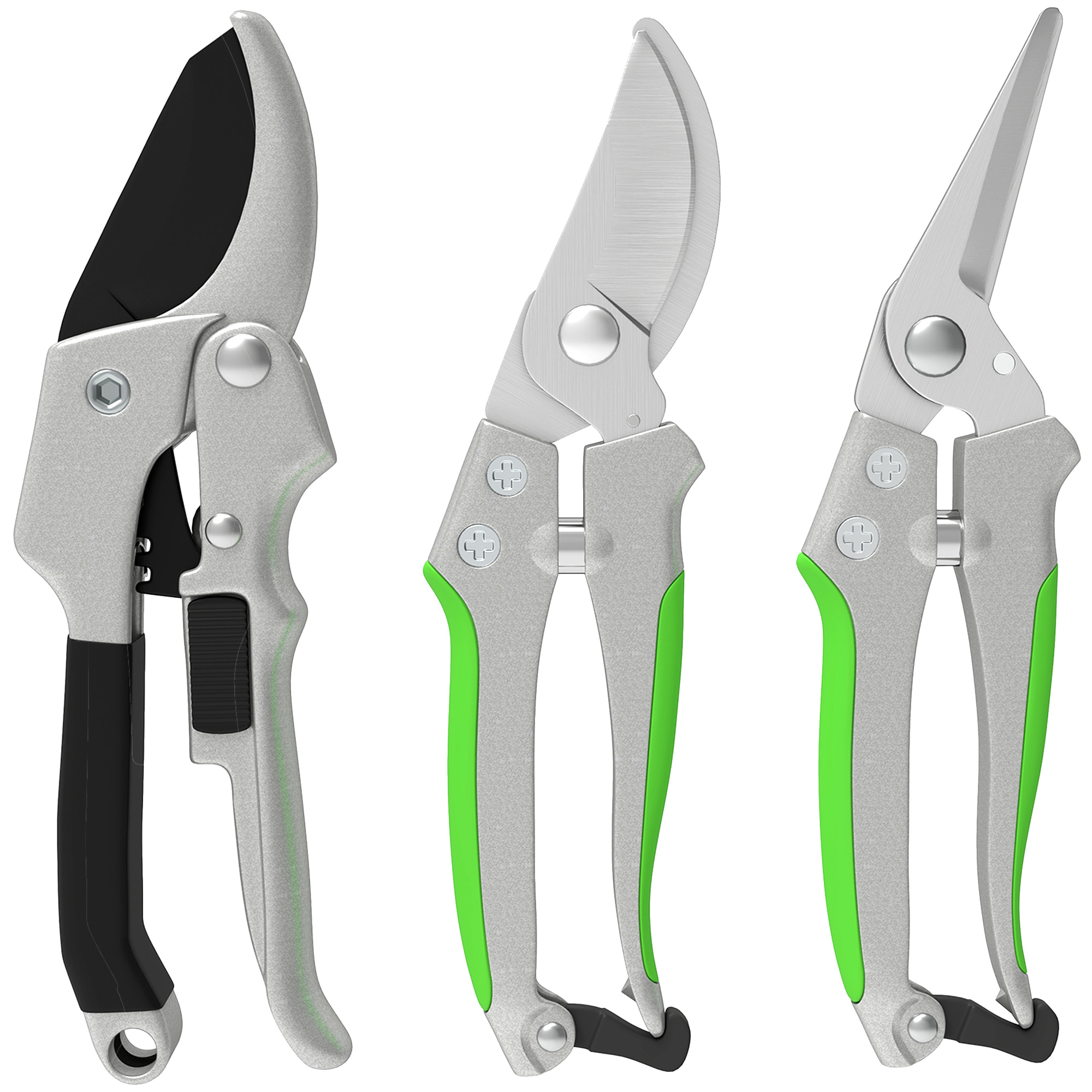 Ensemble 3 pièces sécateur à enclume + sécateur à lames franches + ciseau de taille noir vert