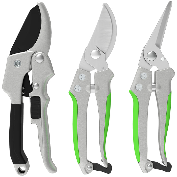 Ensemble 3 pièces sécateur à enclume + sécateur à lames franches + ciseau de taille noir vert