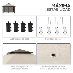 Carpa Plegable Pop-up 4x4x2,8 m Cenador de Jardín con Paredes Altura Ajustable Anti-UV Impermeable Doble Techo Mosquiteras y Bolsa de Ruedas Gazebo para Fiestas Camping Beige