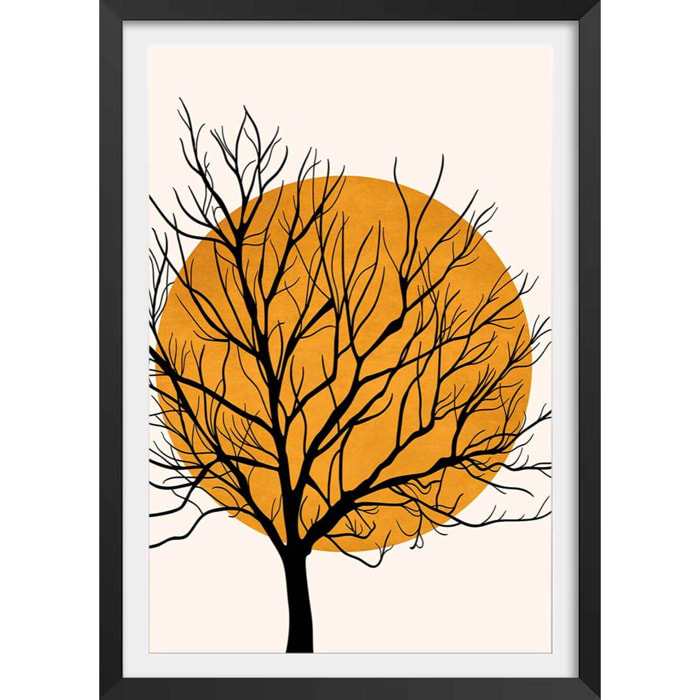 Affiche dessin ""soleil caché"" Affiche + cadre en bois - Noir