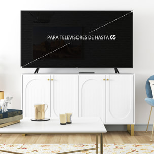 Aparador 4 Puertas Aparador para Salón Moderno con Estantes Ajustables y Patas Doradas para Comedor Entrada Mueble para TV hasta 65 Pulgadas Blanco 140,8x35x77,5 cm