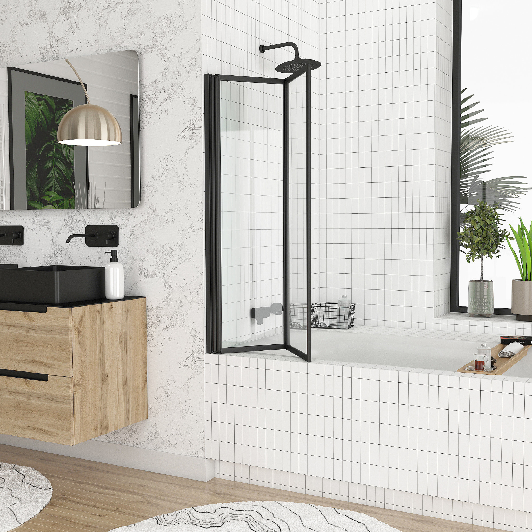 Pare baignoire Pivotant 70x120cm - 2 Volets Noir Mat - Verre Trempé 4mm - DUPLO