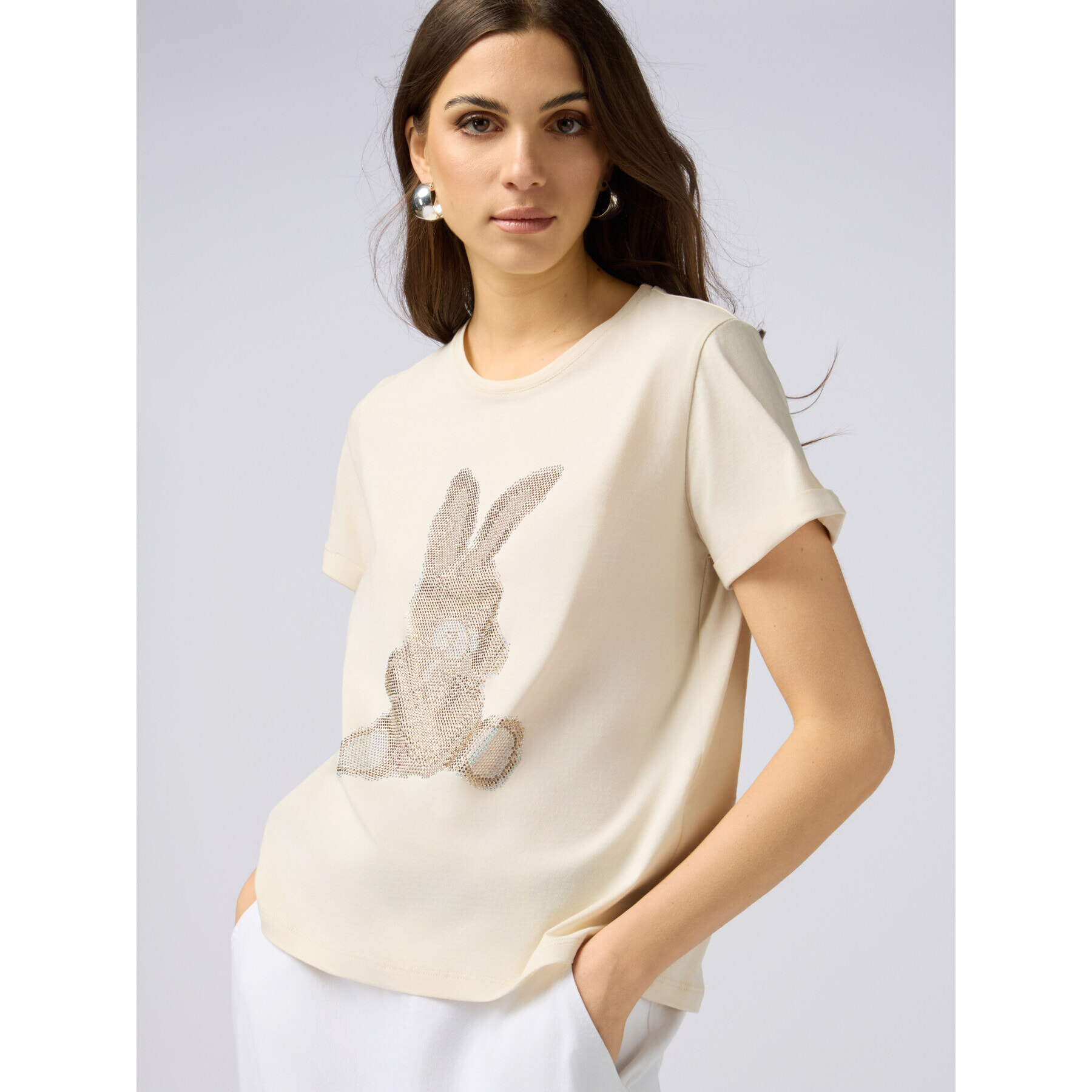 Oltre - T-shirt in cotone con applicazioni - Beige