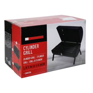 Barbacoa cilindro de metal negro mate con mango de madera y patas metálicas - Incluye 2 rejillas y 2 placas metálicas 38x24,5cm