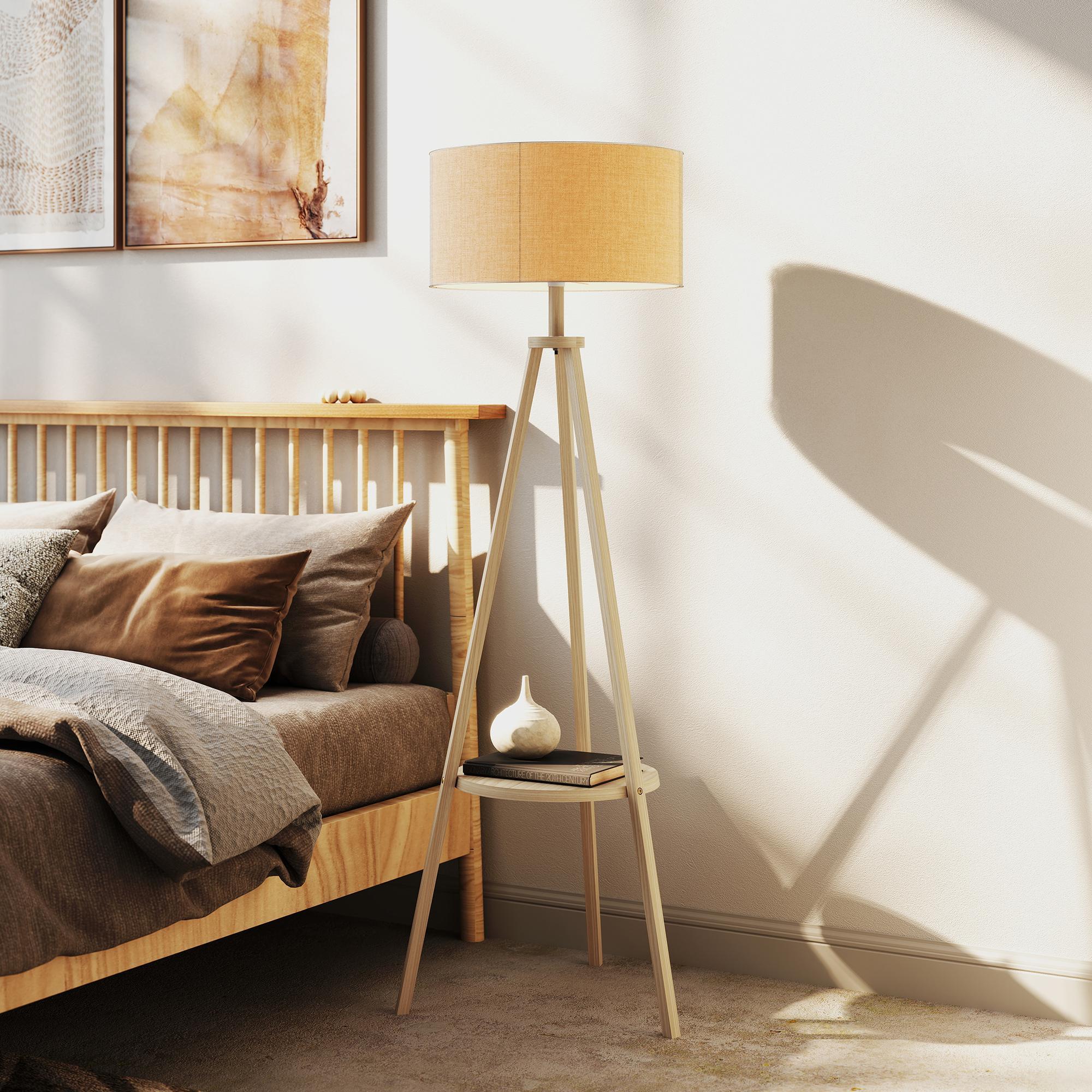 Lámpara de Pie Trípode con Estante Lámpara de Pie Salón con Pantalla de Lino Interruptor de Pie para Sala de Estar Oficina Dormitorio Gris y Natural