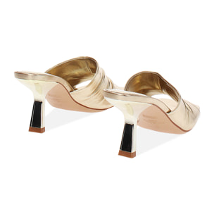 Mules open toe donna oro in laminato, tacco 7,5 cm