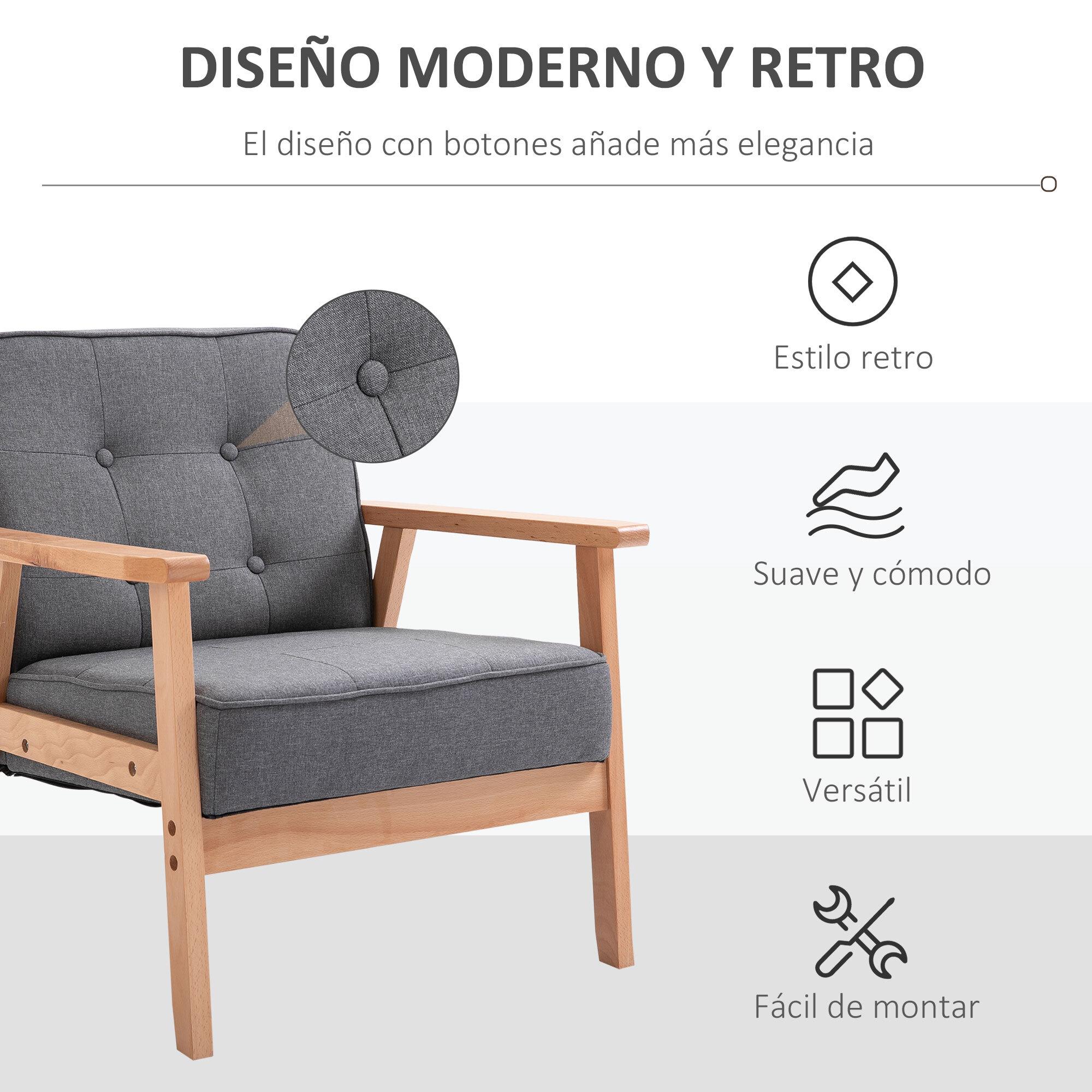 Butaca de Salón Moderno Sillón Individual Tapizado en Lino con Asiento Acolchado y Marco de Madera para Oficina Dormitorio Carga 200 kg 70x64,5x74 cm Gris