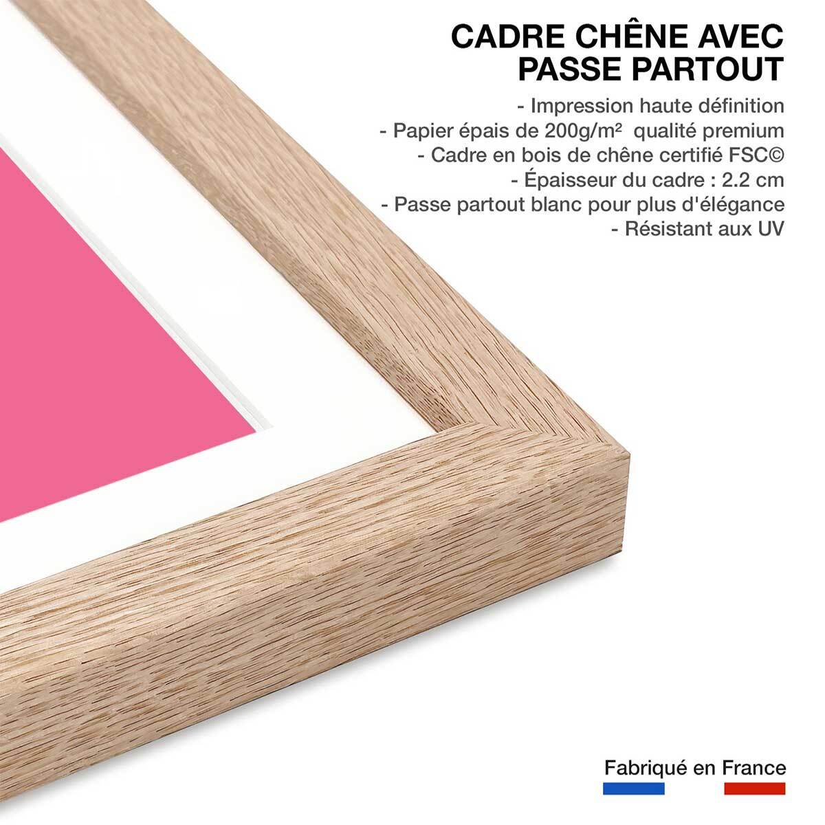Affiche  licorne rose Affiche + cadre en bois - Chêne