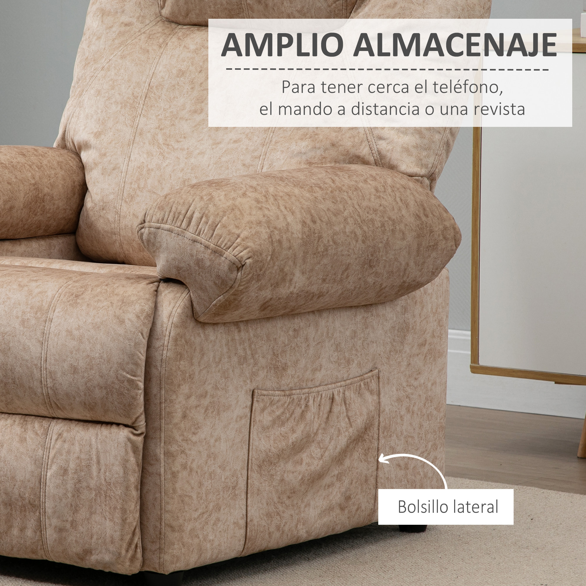 Sillón Relax Reclinable Manual Tapizado en Terciopelo Acolchado con Reposapiés Retráctil y Bolsillos Laterales para Salón Oficina Dormitorio 88x91x108 cm Beige