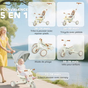Tricycle enfant pliable évolutif 5 en 1 poignée telescopique auvent amovible marron crème