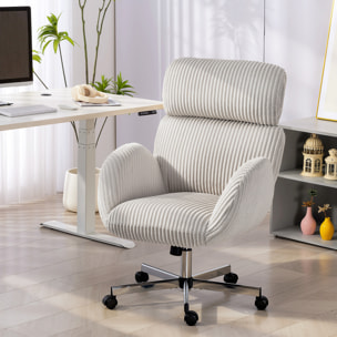 Silla de Oficina Piernas Cruzadas, Silla de Escritorio con Reposabrazos, Respaldo Alto, Reposacabezas Regulable, Ruedas, Altura Ajustable, Giratoria, Función Basculante, Tapizada en Pana, Gris