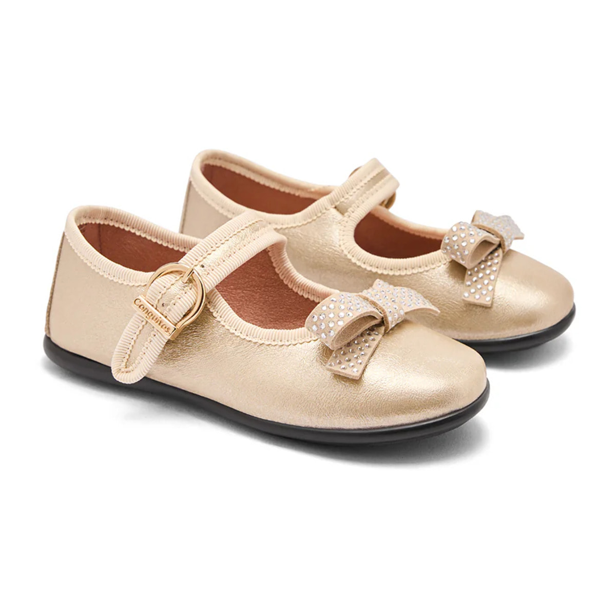 Merceditas de Niña con Hebilla Oro Bow Mary Janes