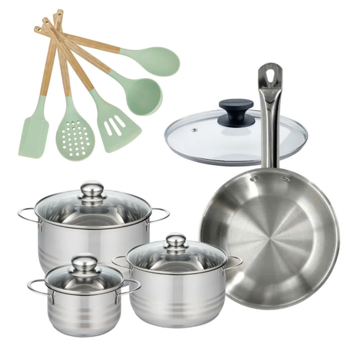 Lot de 3 Faitouts 16/20/24cm et 1 Poêle 28cm Fackelmann Etherna avec 5 ustensiles