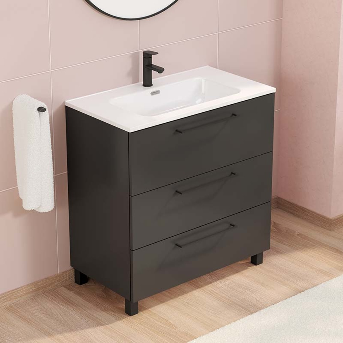 Conjunto de baño Haru | Mueble de baño con patas | 80 cm Negro| Tres cajones | Lavabo encastrado | No incluye espejo | Alday