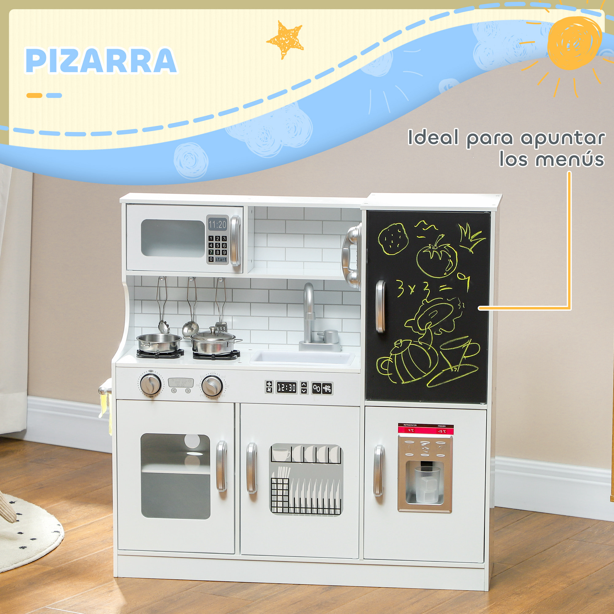 Cocina de Juguete Cocina para Niños de +3 Años Cocinita Infantil de Madera con Accesorios para Cocinar Pizarra Máquina de Hielo y Teléfono 83,8x26,8x81 cm Blanco