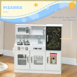 Cocina de Juguete Cocina para Niños de +3 Años Cocinita Infantil de Madera con Accesorios para Cocinar Pizarra Máquina de Hielo y Teléfono 83,8x26,8x81 cm Blanco