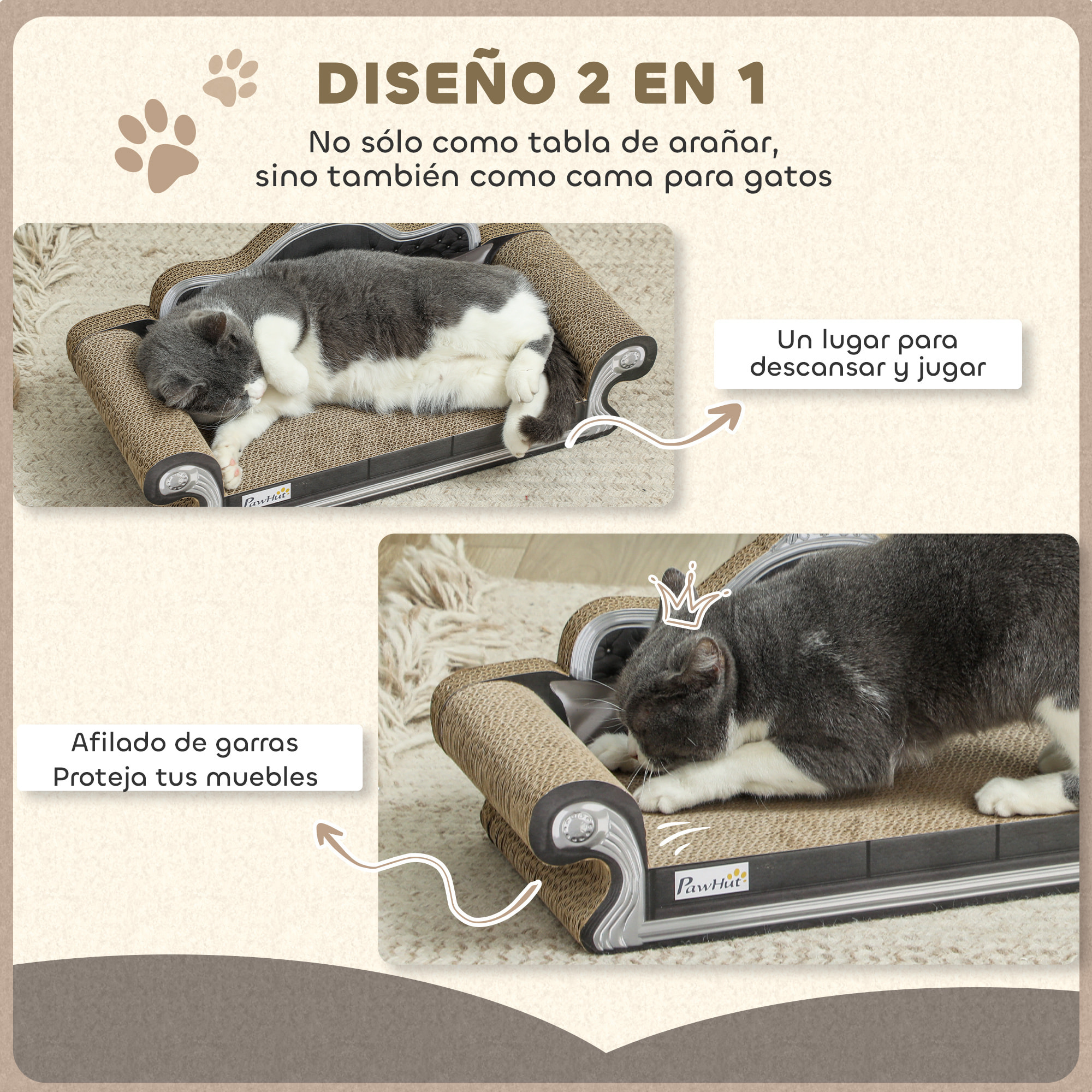 Rascador Cartón para Gatos en Forma de Sofá 2 en 1 Rascador para Gatos Sofá para Gatos con Catnip para Interior 56,5x24x26 cm Marrón